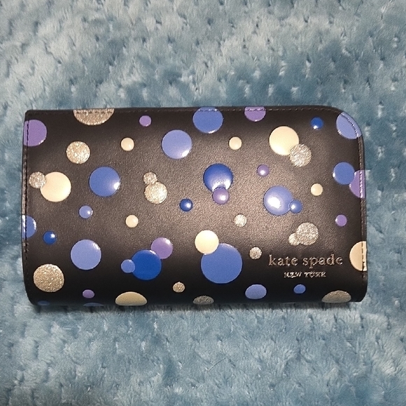 kate spade Accessories - Kate Spade Black Wallet with Blue and Silver Dots